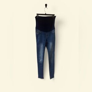 Maternity Dark Blue Denim Jeggings with Black Overband